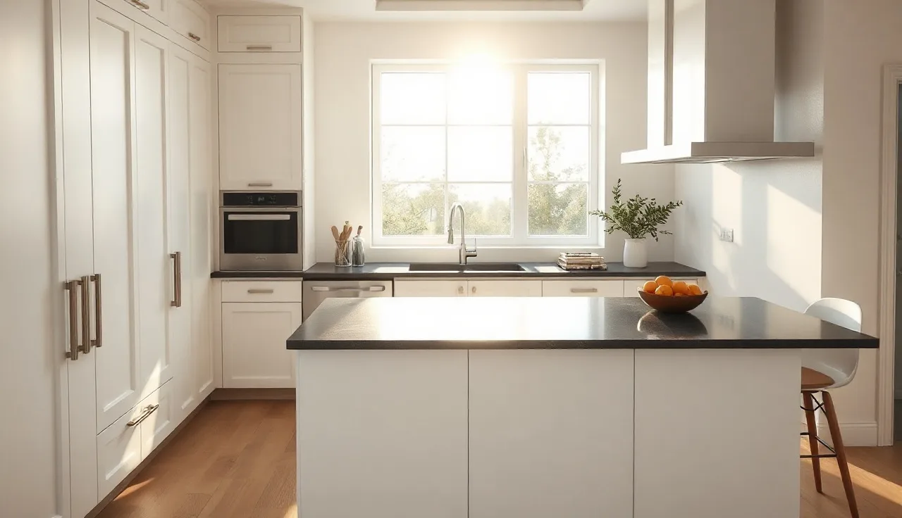 Modern kitchen with white flat-front cabinets and leathered black granite island countertop