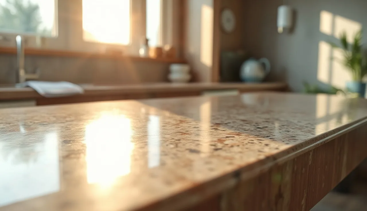 Polished granite countertop with eased edge profile in natural kitchen light