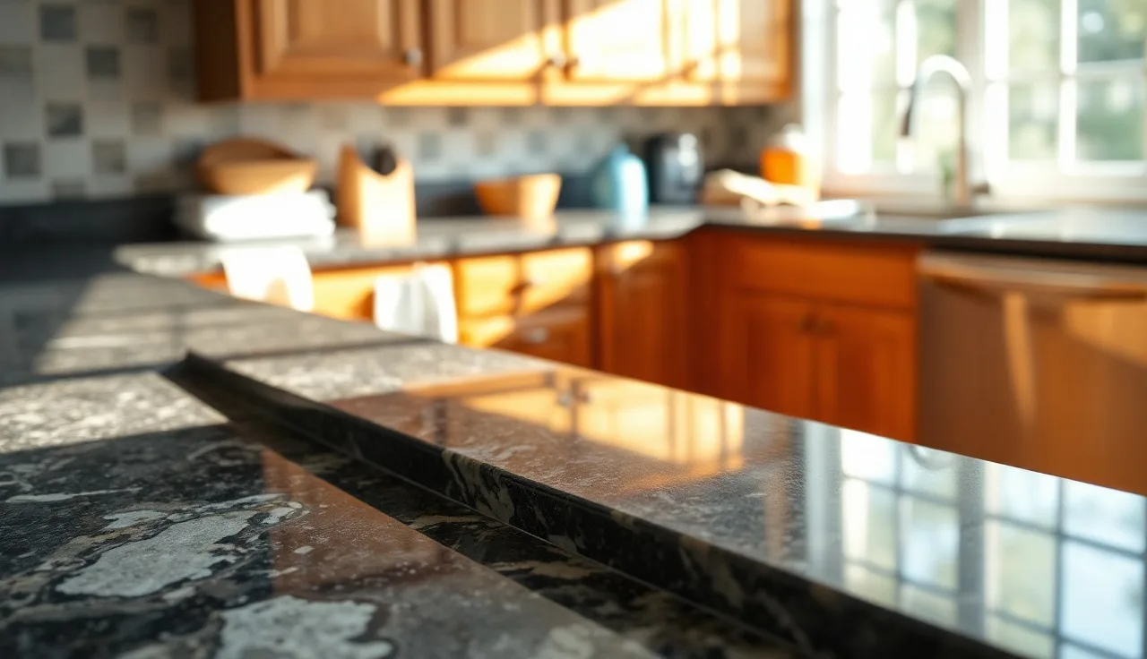 Close-up of a polished granite countertop showing an ogee edge profile in a kitchen