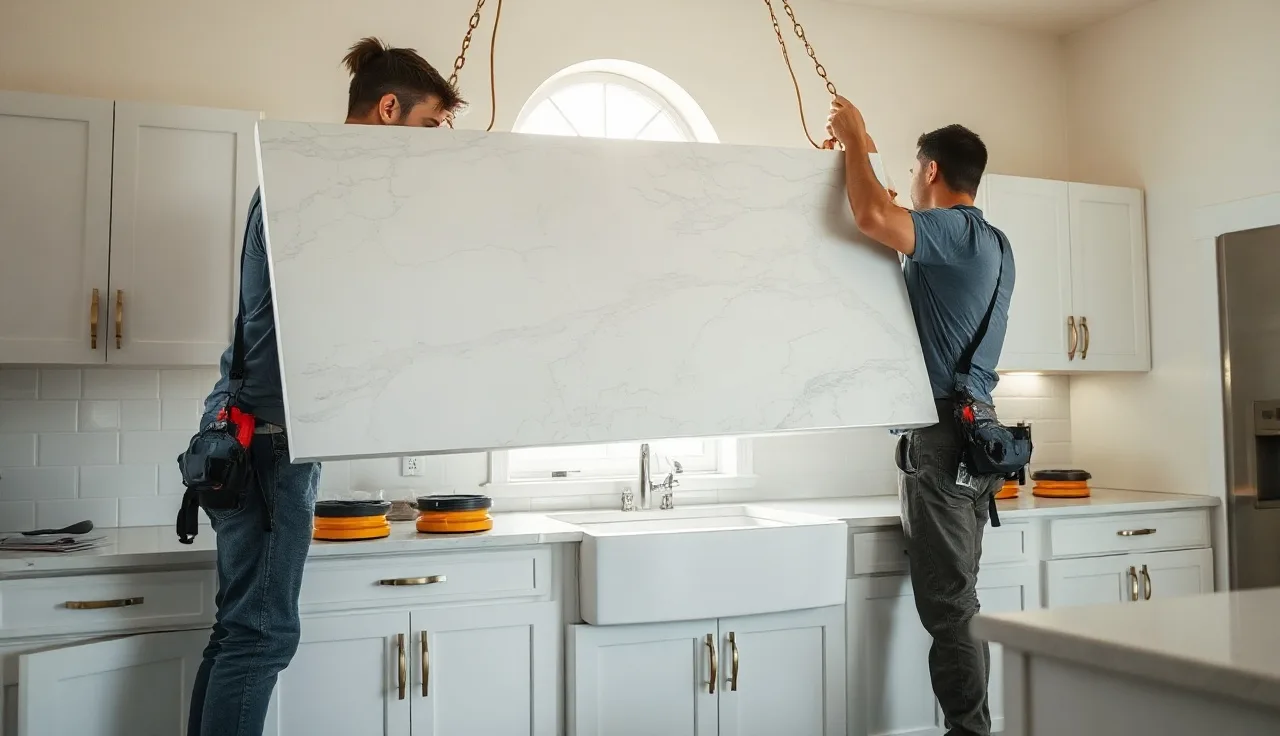 Two installers lowering a quartz countertop slab onto kitchen cabinets using suction lifters