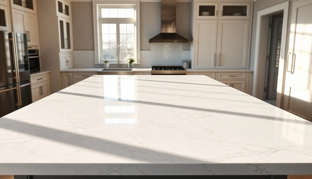 Large white and gray veined stone countertop on kitchen island in morning light