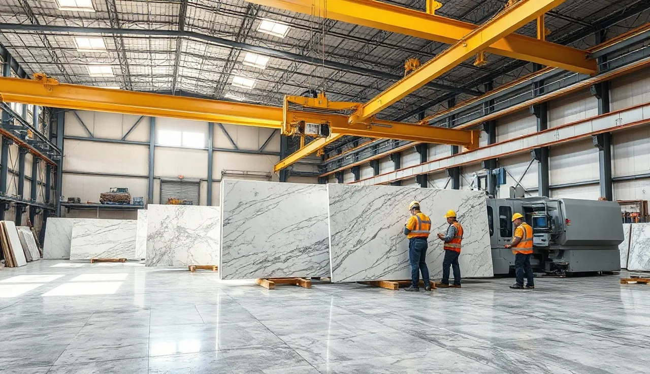 Commercial stone fabrication shop with granite slabs and CNC equipment