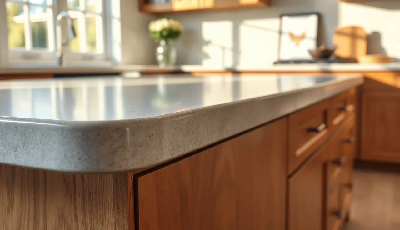 Close-up of a polished stone countertop edge profile on a kitchen island