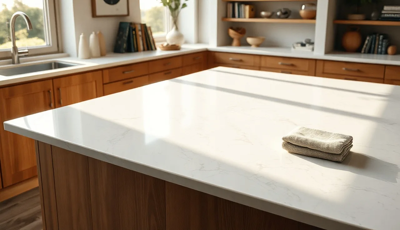 Polished white quartz kitchen island countertop in morning light