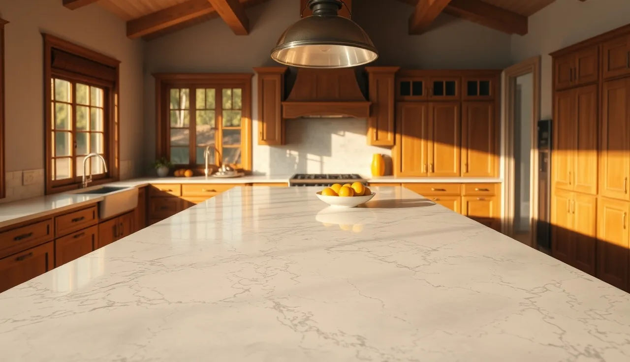 White quartzite kitchen island with veining under warm pendant light
