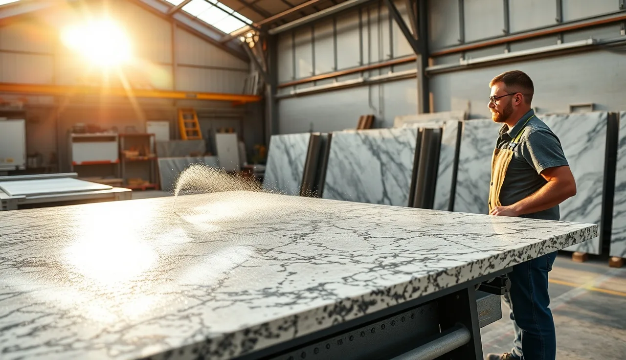 CNC bridge saw cutting a granite slab in a stone fabrication shop
