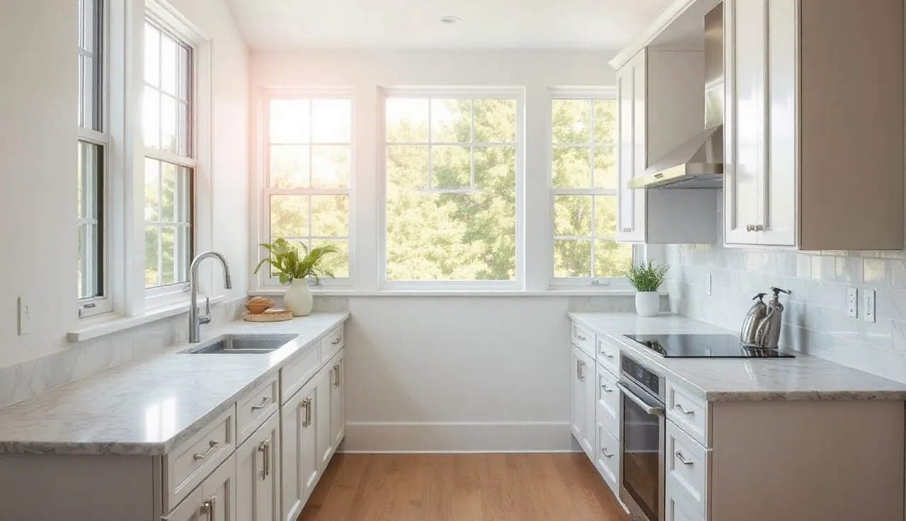 Newly installed light gray quartz countertops in a bright modern kitchen