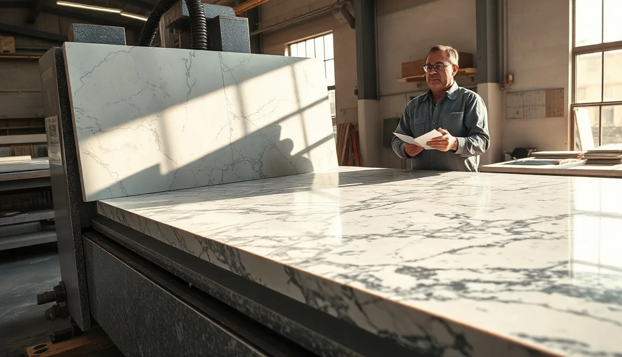 CNC bridge saw cutting a polished granite slab in a stone fabrication shop