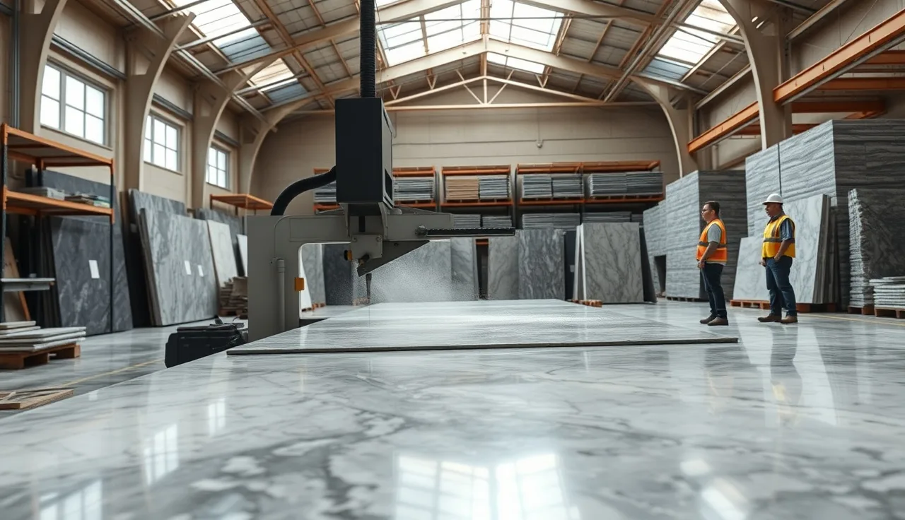 CNC bridge saw cutting a granite slab in a Northeast Ohio commercial stone fabrication shop