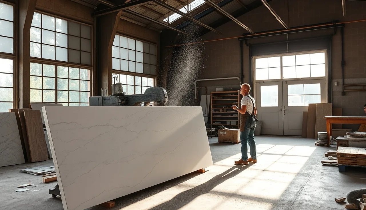 Workers cutting a quartzite slab at a stone fabrication shop in the Pacific Northwest