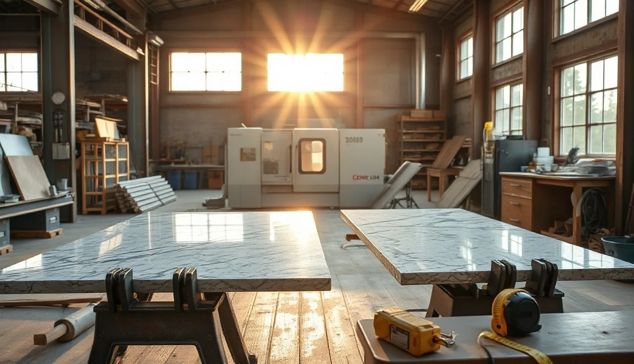 Stone fabrication shop with polished granite slabs and CNC bridge saw in background