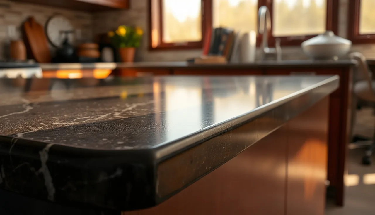 Polished dark granite countertop with a detailed ogee edge profile in a kitchen