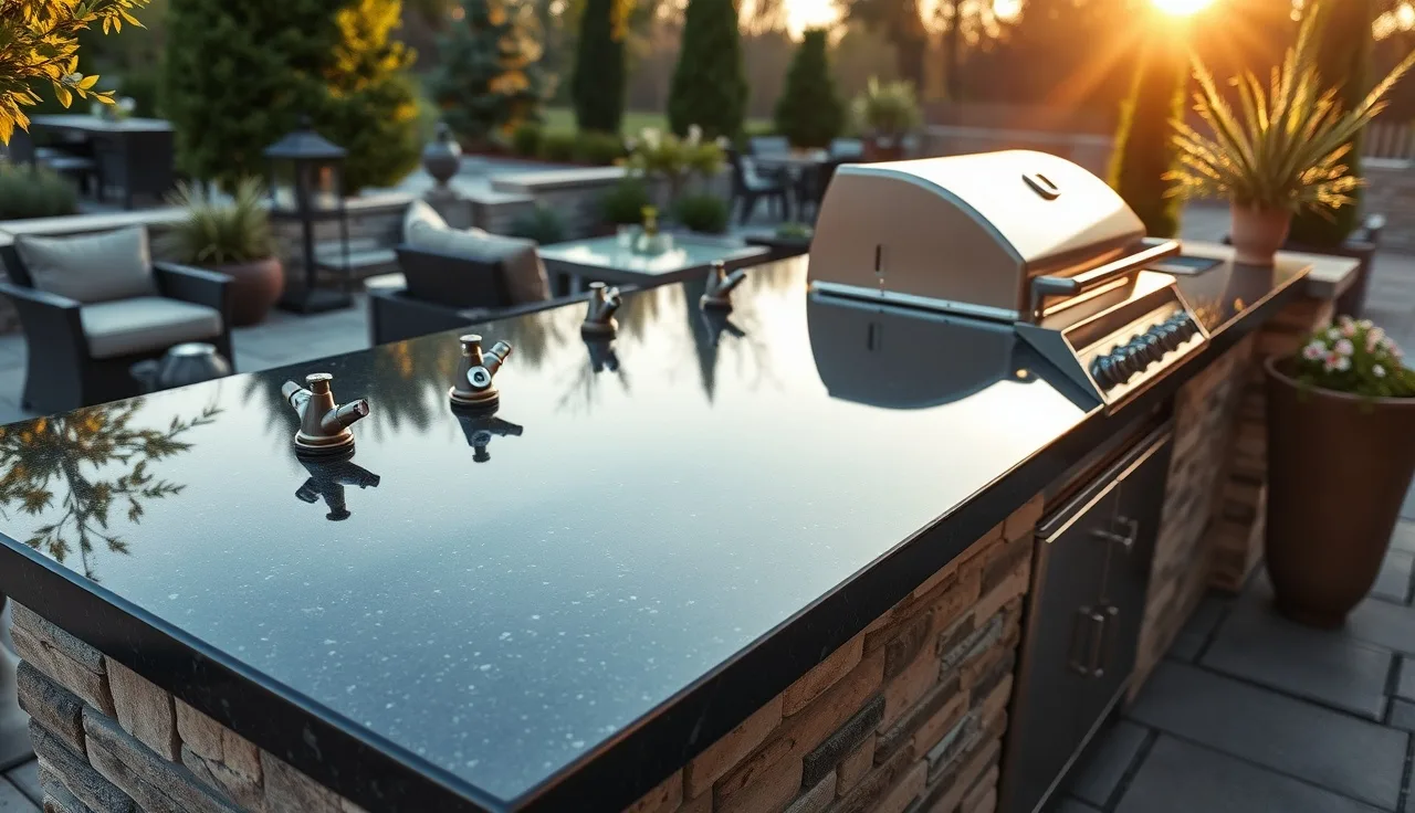 Dark granite outdoor kitchen countertop with built-in grill on a stone patio