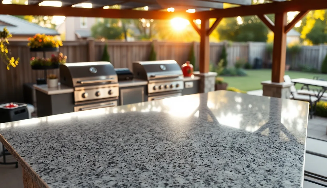 Light gray granite countertop on outdoor kitchen island with grill cutout