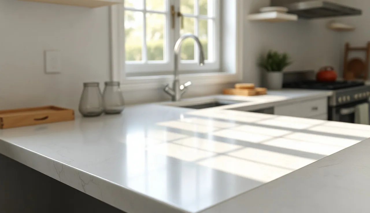 Close-up of hand-painted faux marble countertop with grey veining in natural morning light