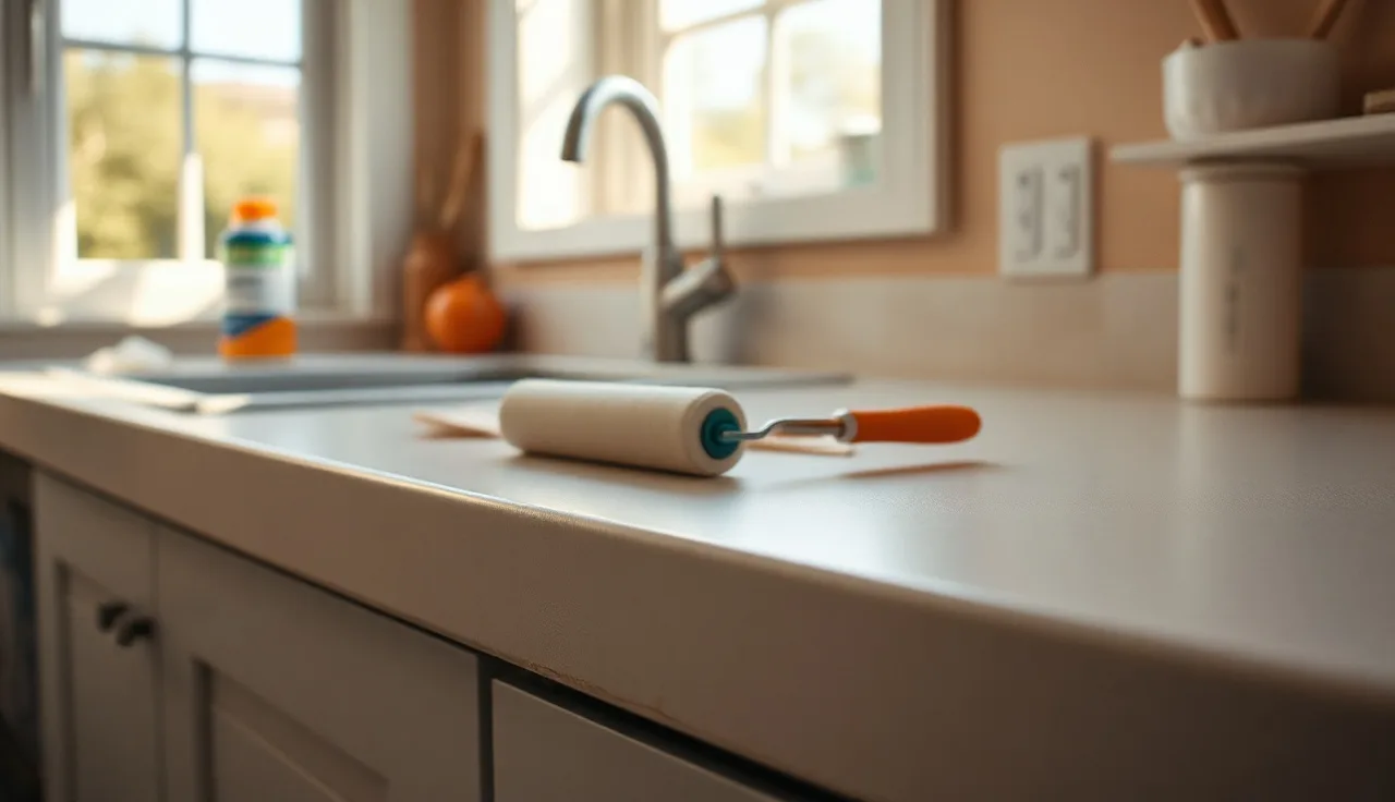 Foam roller applying light gray paint to a Formica kitchen countertop