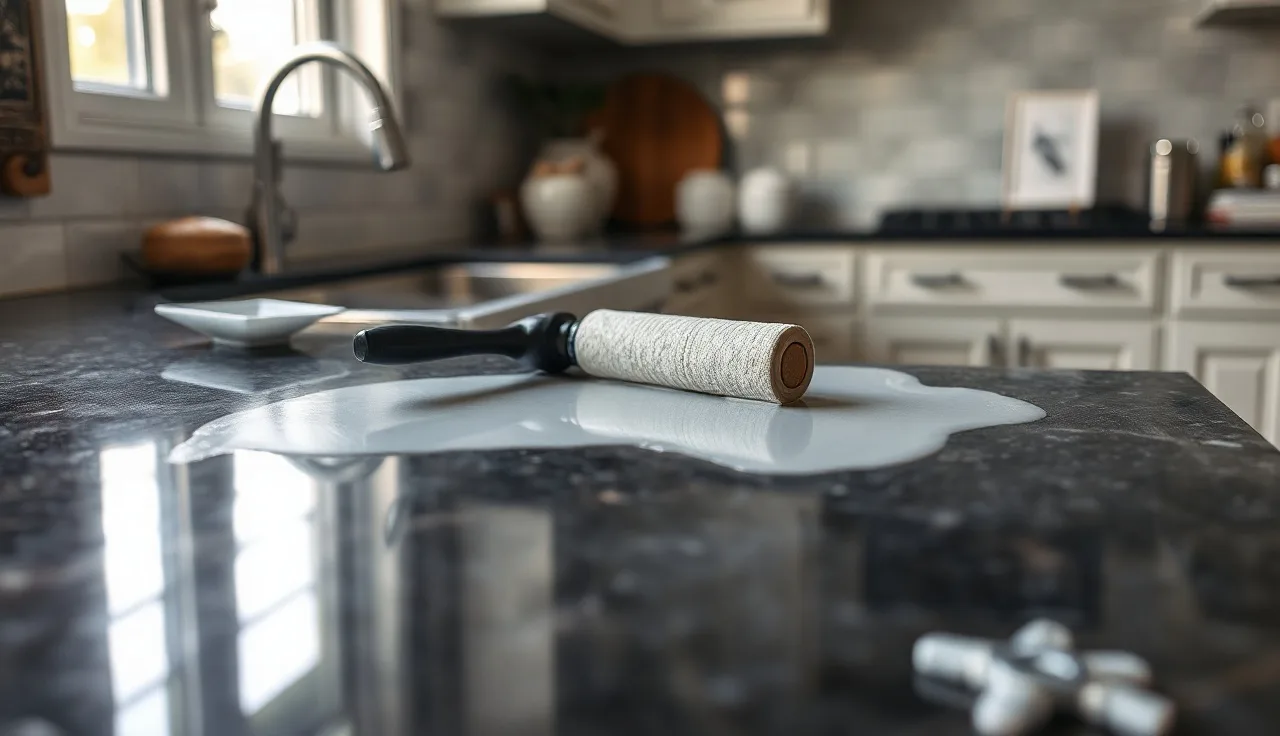 Foam roller applying epoxy paint over dark granite kitchen countertop surface
