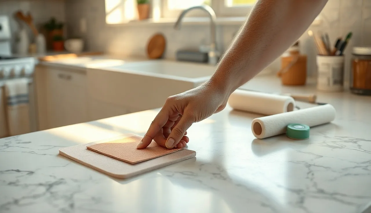 Person sanding a white marble countertop in preparation for painting