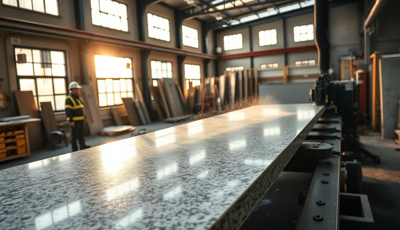 Stone fabricator operating a CNC bridge saw cutting a granite slab in a Bay Area shop