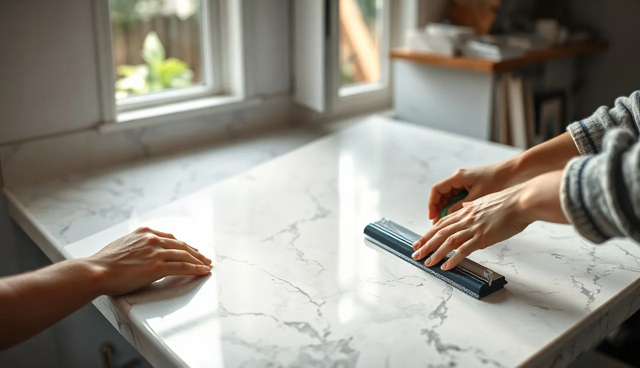 Hands applying marble peel and stick countertop film over an existing kitchen surface