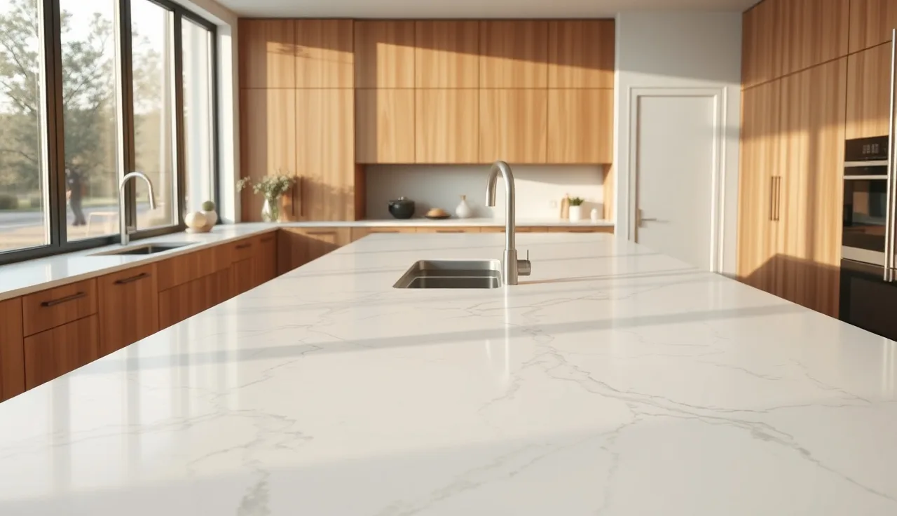 Polished white Calacatta marble countertop on a kitchen island with bold gray veining