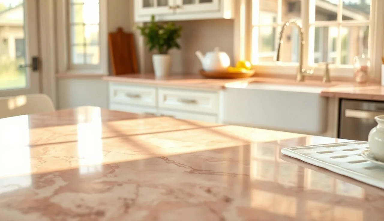 Close-up of a polished pink marble countertop with rose and cream veining in a sunlit kitchen