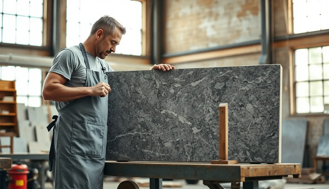 Stone fabricator examining a large granite slab in a Pittsburgh shop