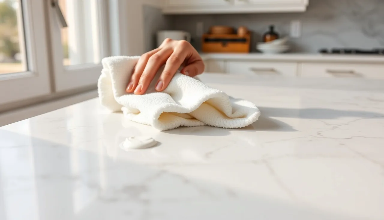 Hands polishing a white Carrara marble kitchen countertop with polishing compound