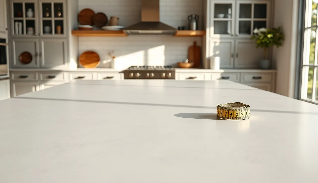 Pale gray porcelain countertop in a bright kitchen with a measuring tape on the edge