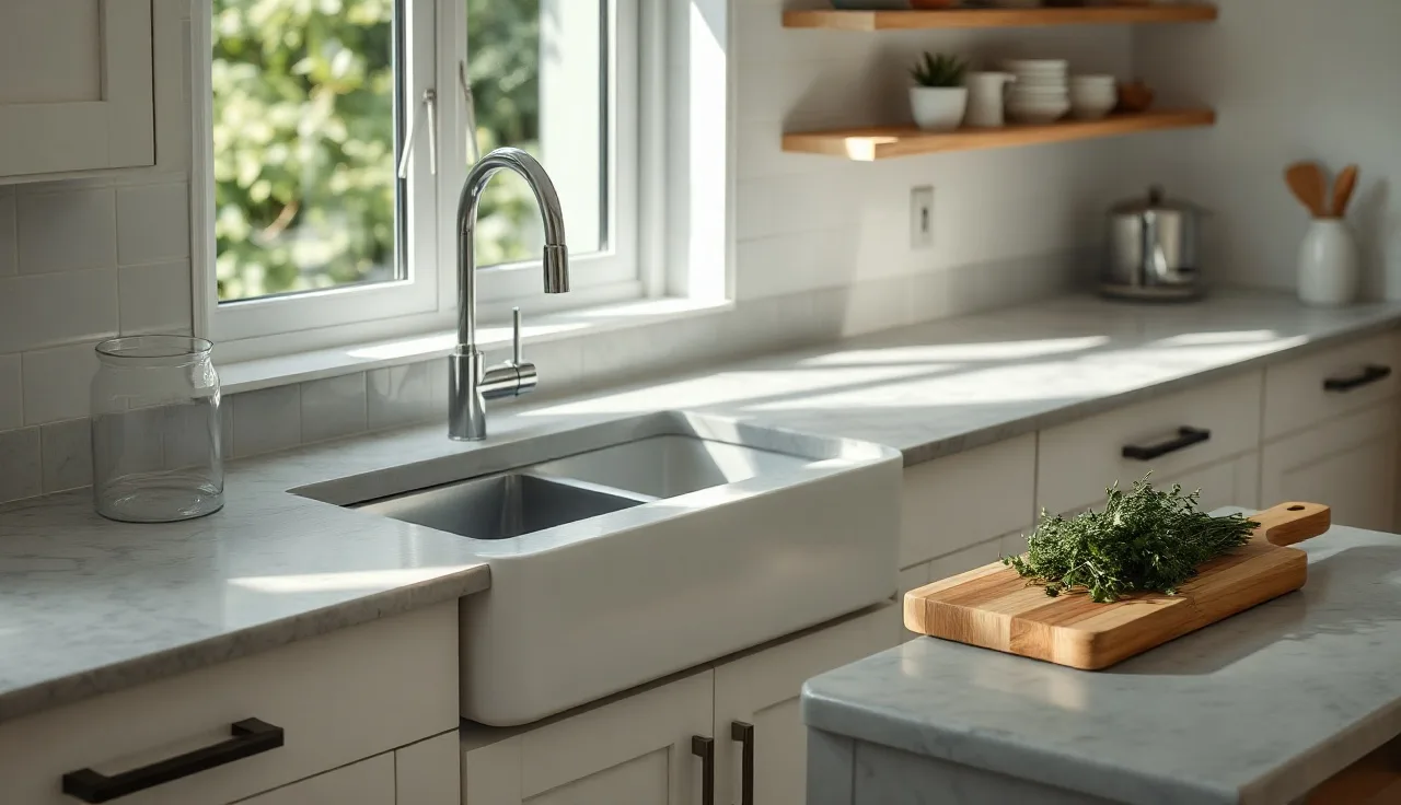 Polished porcelain countertop in a bright white kitchen with morning light