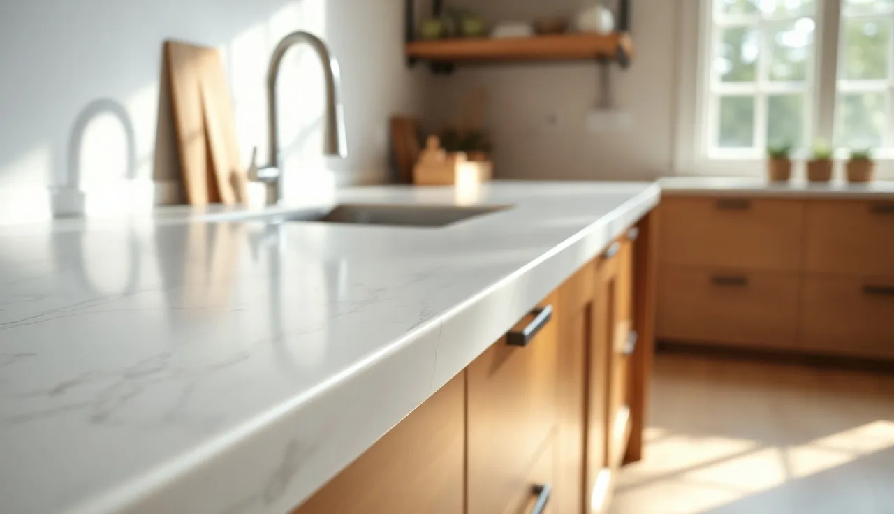 Close-up of a post form laminate countertop showing the waterfall edge profile in a kitchen