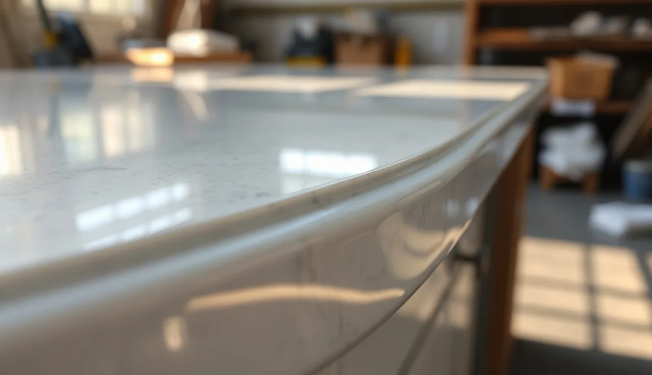 Polished granite countertop edge with ogee profile in a stone fabrication shop