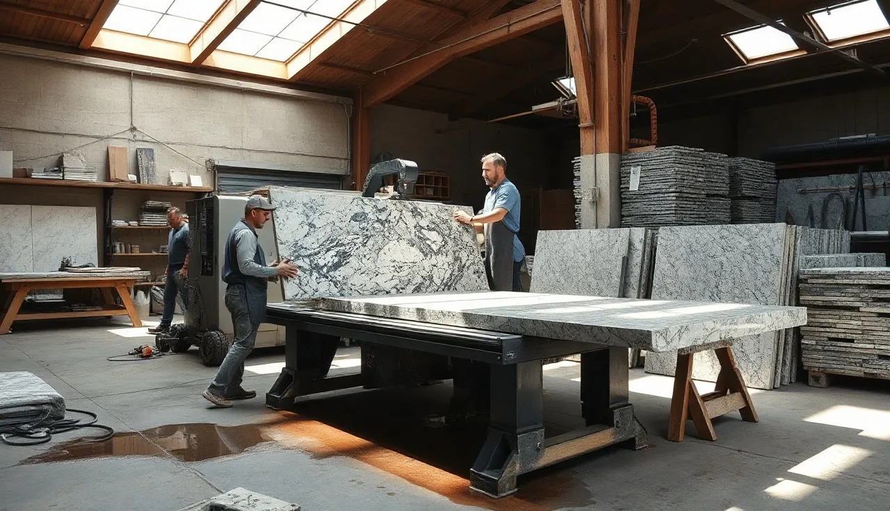 Craftsman positioning a granite slab on a waterjet CNC table in a stone fabrication shop