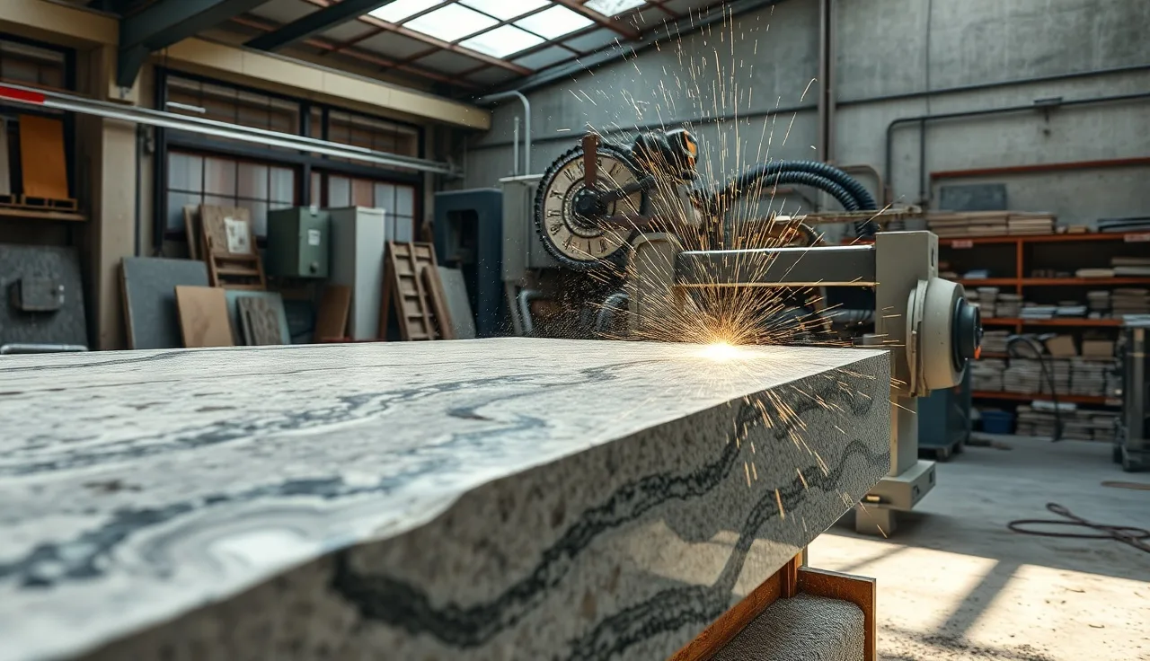 CNC bridge saw cutting a granite slab with water coolant in a fabrication shop
