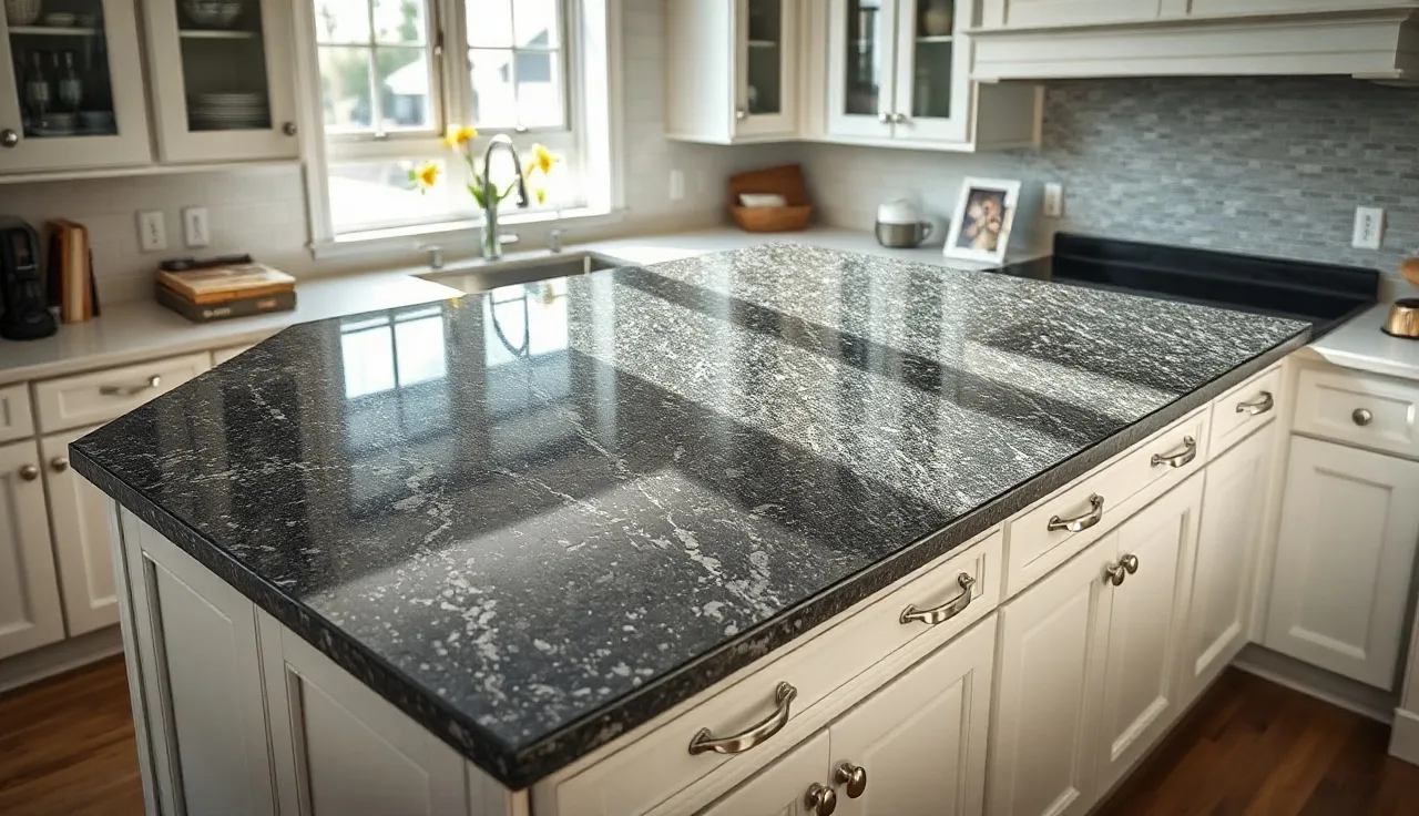 Two people installing a precut dark granite countertop section on white kitchen cabinets