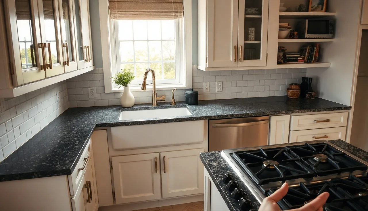 Dark speckled prefab granite countertops installed in a white shaker kitchen