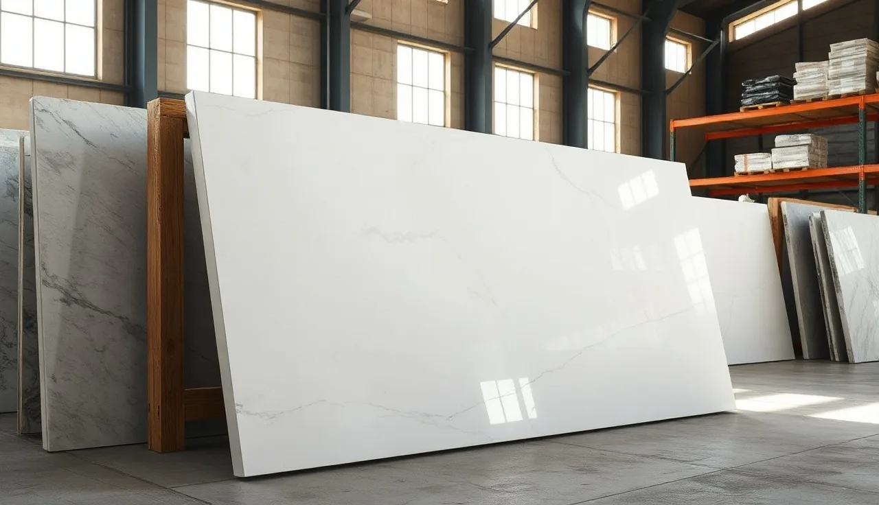 Prefab quartz countertop slabs stacked in a stone yard warehouse