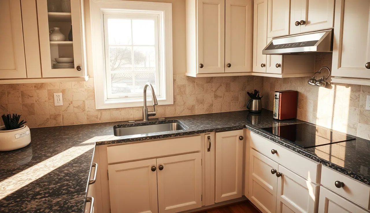 Dark speckled prefabricated granite countertop installed in a white kitchen