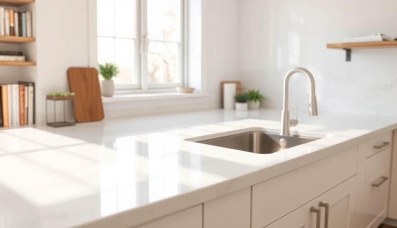White prefabricated quartz countertop with corner seam next to undermount sink in modern kitchen