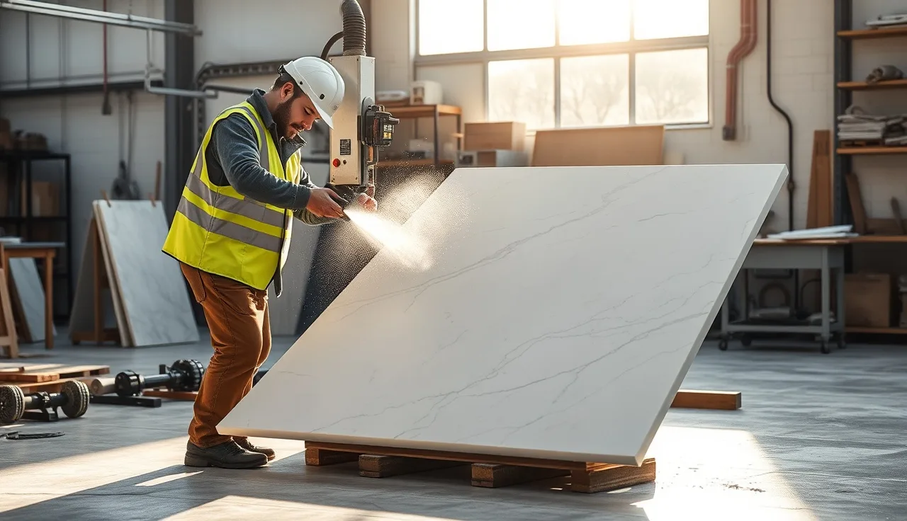 Craftsman operating CNC bridge saw cutting marble slab in stone fabrication shop