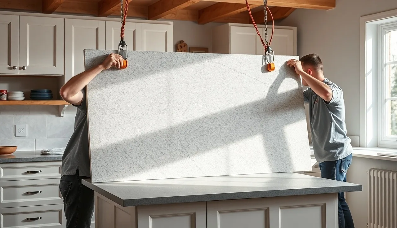 Two workers installing a stone countertop slab onto white kitchen cabinets