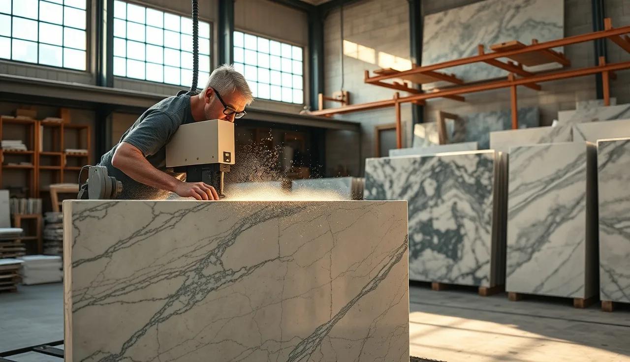 Stone fabricator guiding granite slab through bridge saw in a fabrication shop