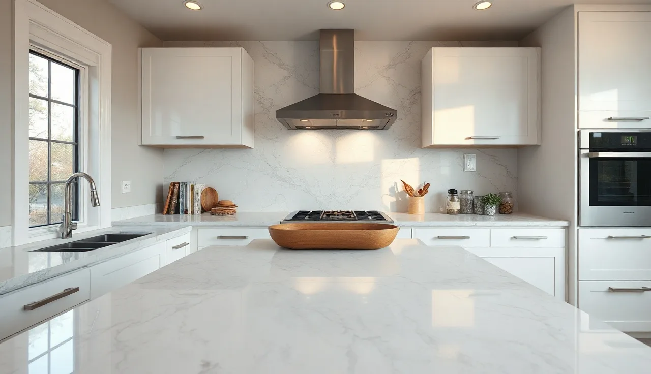 Polished quartz countertop and matching full-height quartz backsplash in a bright kitchen