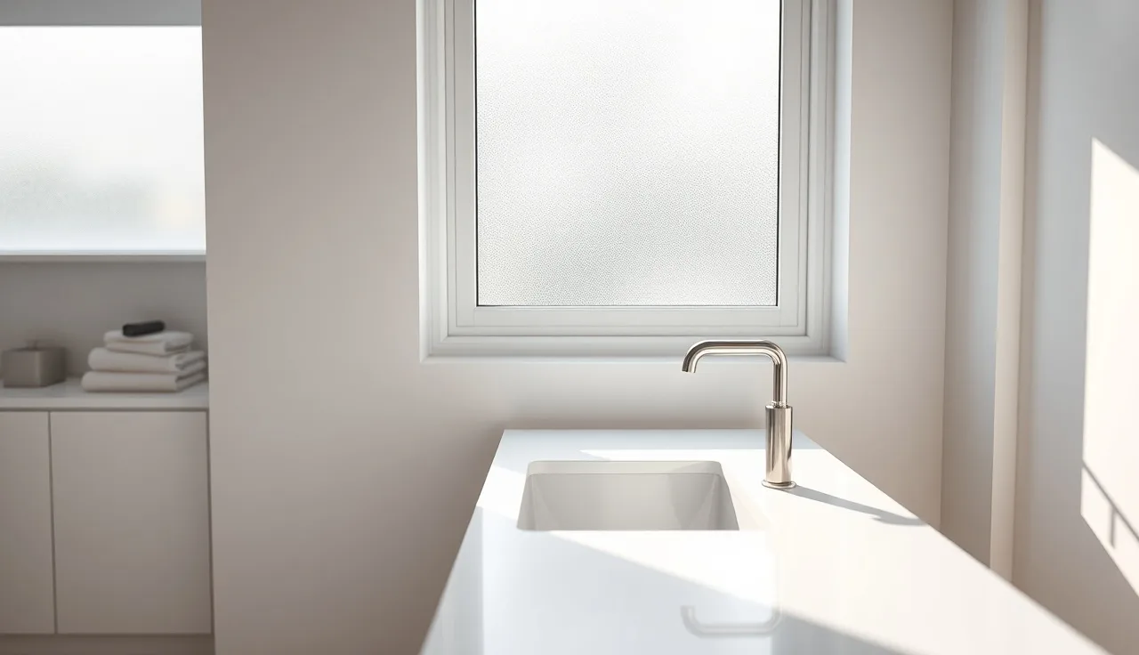 White quartz bathroom countertop on a double vanity with undermount sink