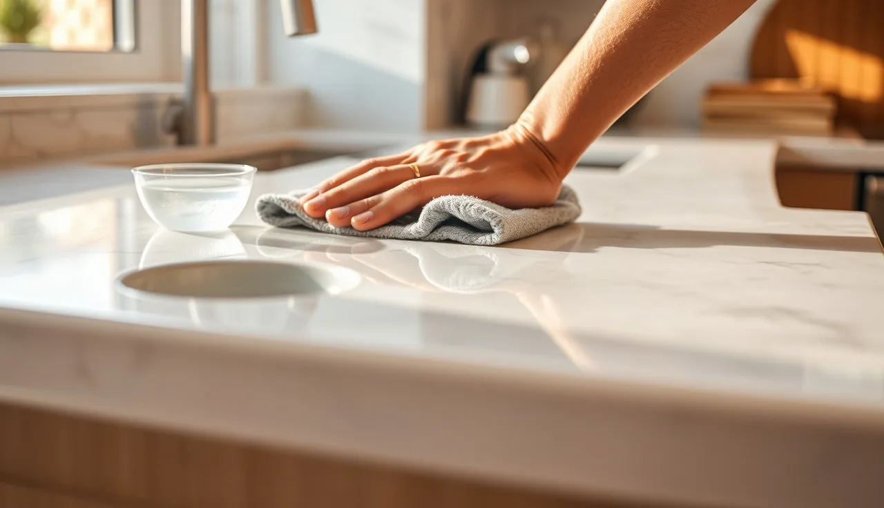 Microfiber cloth wiping a white quartz countertop in morning kitchen light