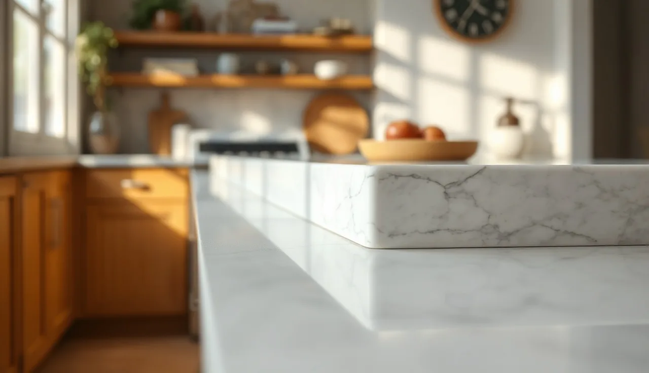 Polished white quartz countertop edge profile on a kitchen island in morning light