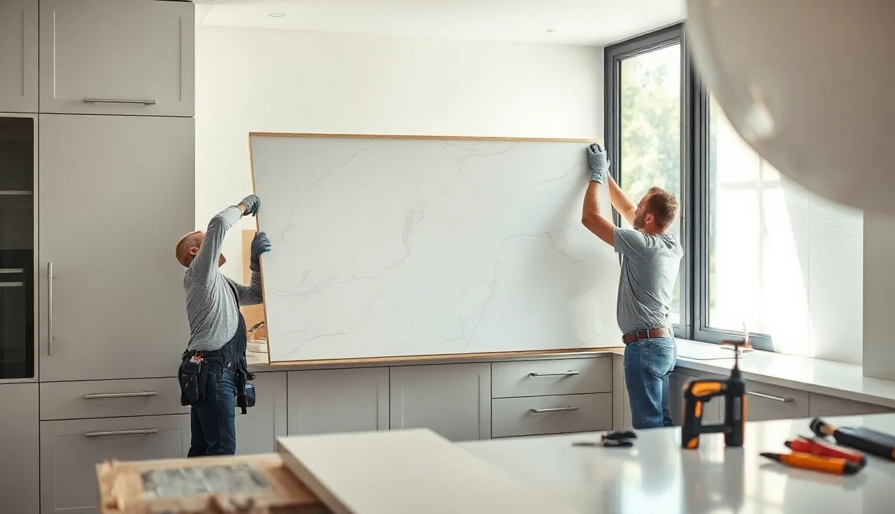 Two installers lowering a white quartz countertop slab onto kitchen cabinets