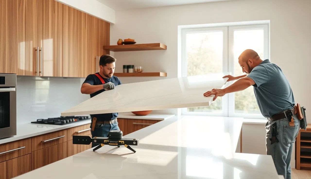 Two installers setting a quartz countertop slab onto kitchen cabinets during installation