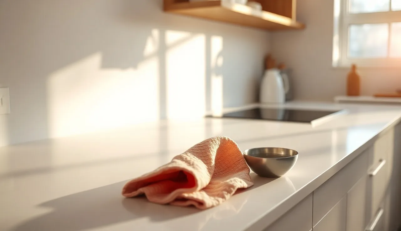 Person wiping a white quartz countertop with soapy water and soft cloth