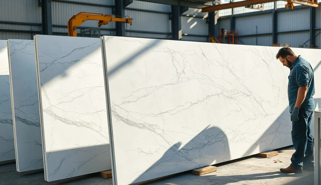 Fabricator examining large polished quartz countertop slabs in a stone yard